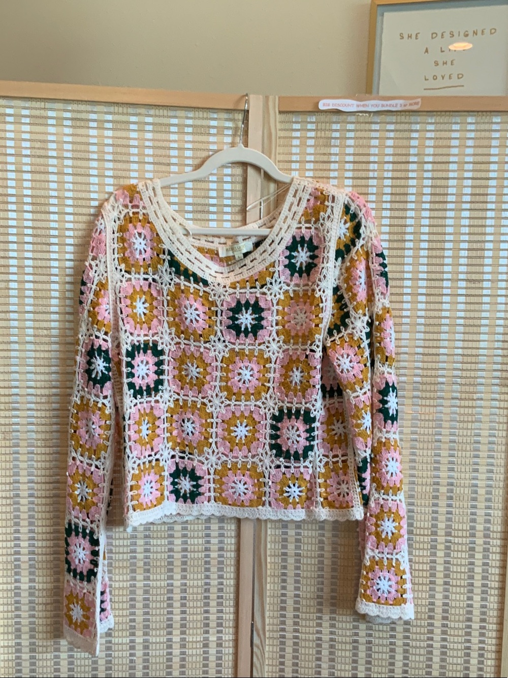 Rebellion Crochet Knit Top in Cream, Pink, Mustard, Black L